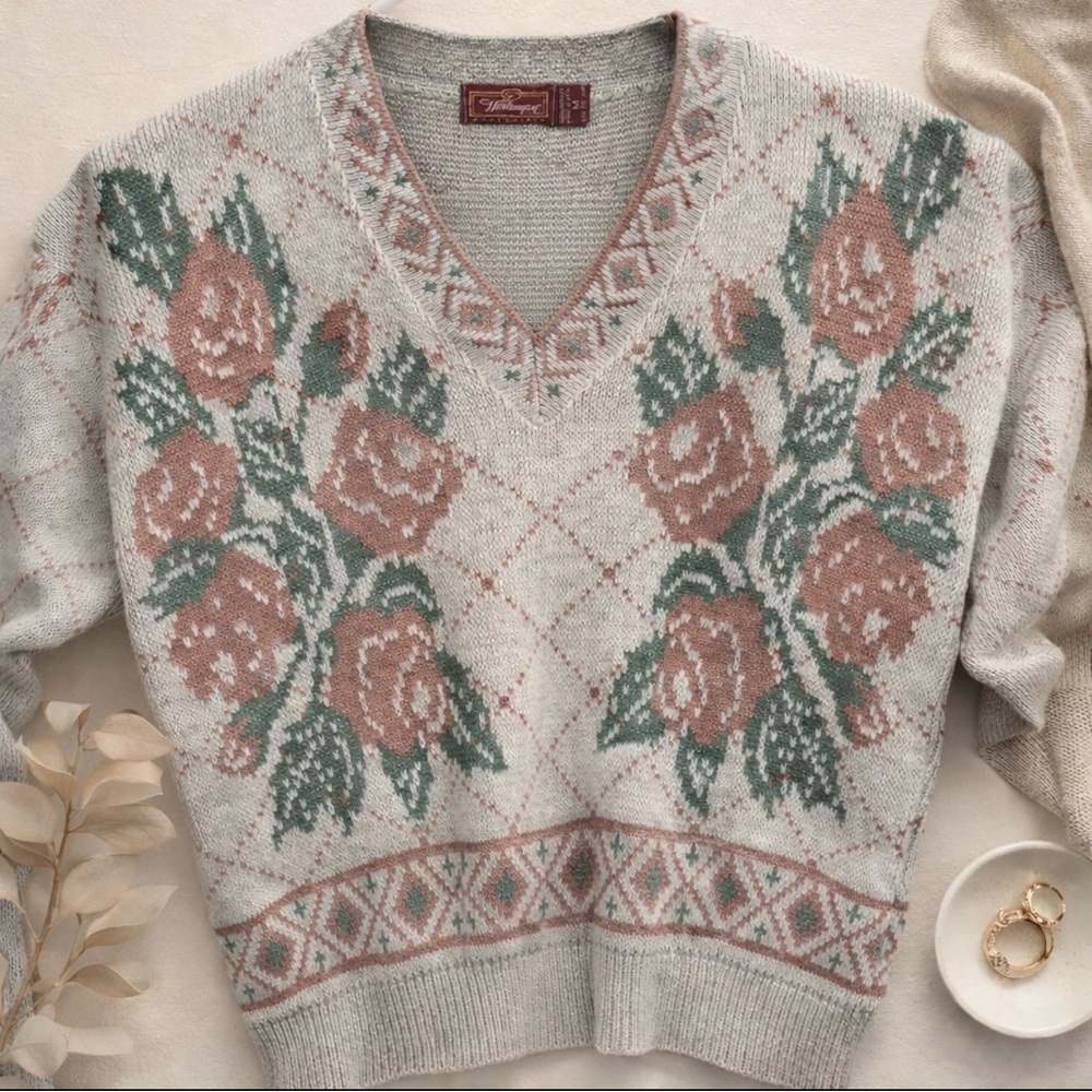 Worthington Essentials Vintage Pink Roses Floral‎ Pullover Knit Sweater Sz Large